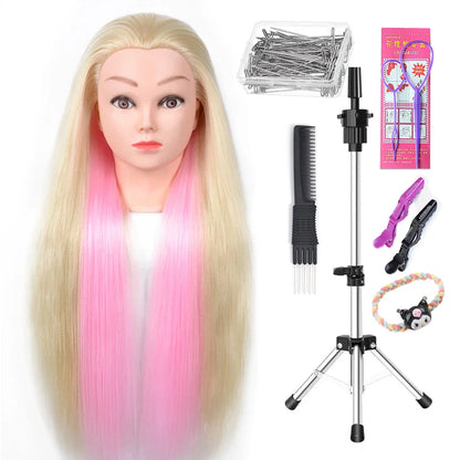 Tête de mannequin à cheveux longs synthétiques avec support de trépied de perruque réglable Modèle avec tête de mannequin Formation de coiffeur coiffant