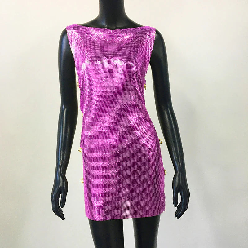 Shiny Y2k Metallic Sequins Mini Dresses For Women Sleeveless Backless Sexy Low Cut See Through Sexy Solid Clubwear Party Dress