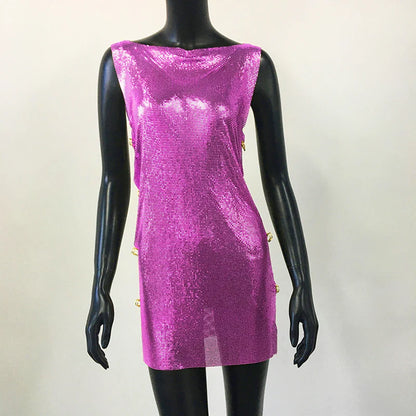 Shiny Y2k Metallic Sequins Mini Dresses For Women Sleeveless Backless Sexy Low Cut See Through Sexy Solid Clubwear Party Dress