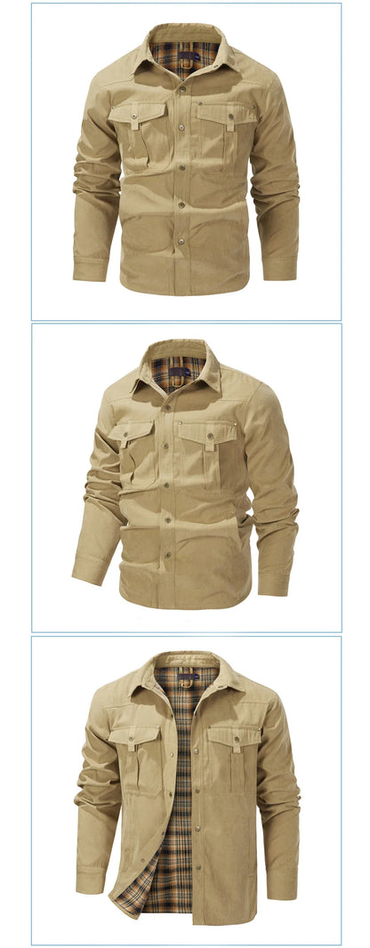 Spring Autumn Mens Flannel Plaid Shirt Jacket Casual Men Retro Lapel Cotton Warm Shirts Men Tactical Windbreaker Jacket Clothing