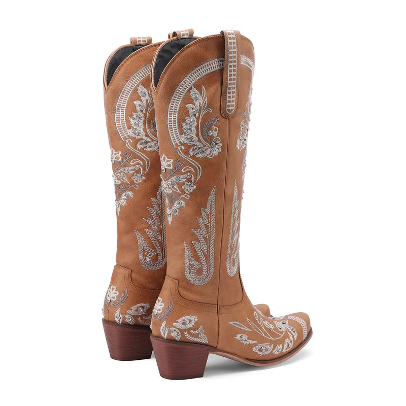 Bottes de cowboy occidentales au genou pour femmes, broderie de fleurs, biscuits, blanc, marron, rond, Parker, talons hauts, rétro, bottes longues de cowgirl