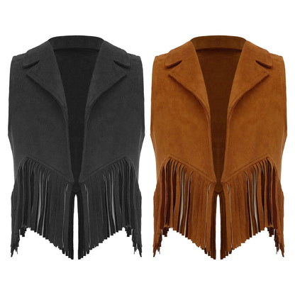Costume de Cowgirl occidental en daim pour enfants, gilet à franges avec pompons, vêtements de danse, jeu de rôle de fête, gilets de Cowboy