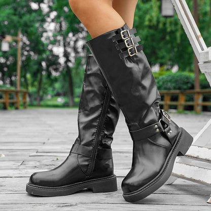 Bottes de cowboy rétro marron pour femmes 2025 Automne Hiver Cuir PU Bottes hautes Botas Mujer Fermeture éclair Boucle Plateforme Bottes de chevalier