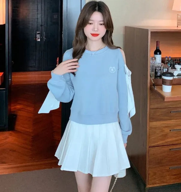 Sweat-shirt à épaules dénudées pour femmes, mode Harajuku, vêtements pour jeunes, Sport essentiel, nouveau, basique, bleu, hauts pull pour femmes