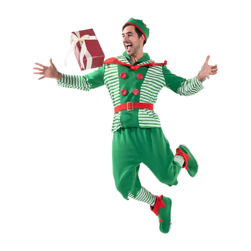 Christmas Santa Claus Costume Green Elf Cosplay Family Carnival Party Halloween Fancy Dress Clothes Set For Men