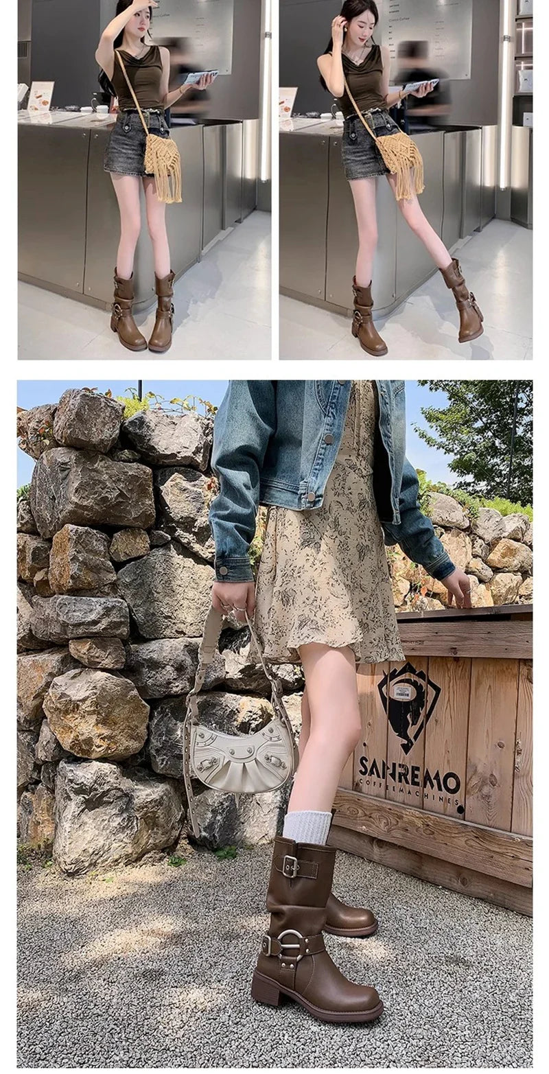 Bottes d'hiver de cowboy pour femmes, bottines décontractées à enfiler, fond épais, style moderne