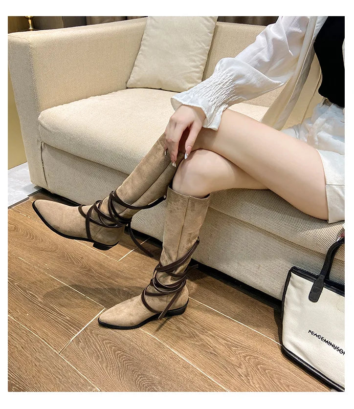 Matte Leather Gothic Western Cowboy Boots Women's Fashion Autumn New Style Pointed Toe Lace-up Retro High Top Flat Heel Boots