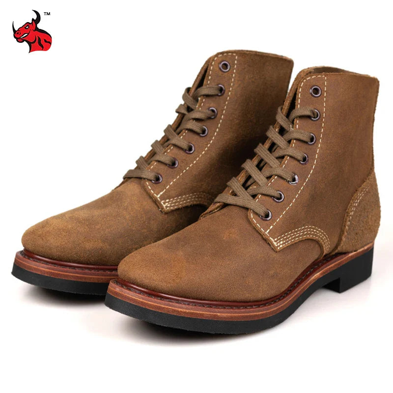 Bottes de Moto rétro en cuir de vache, montantes, durables, soudées Goodyear, chaussures de marche résistantes à l'usure pour hommes