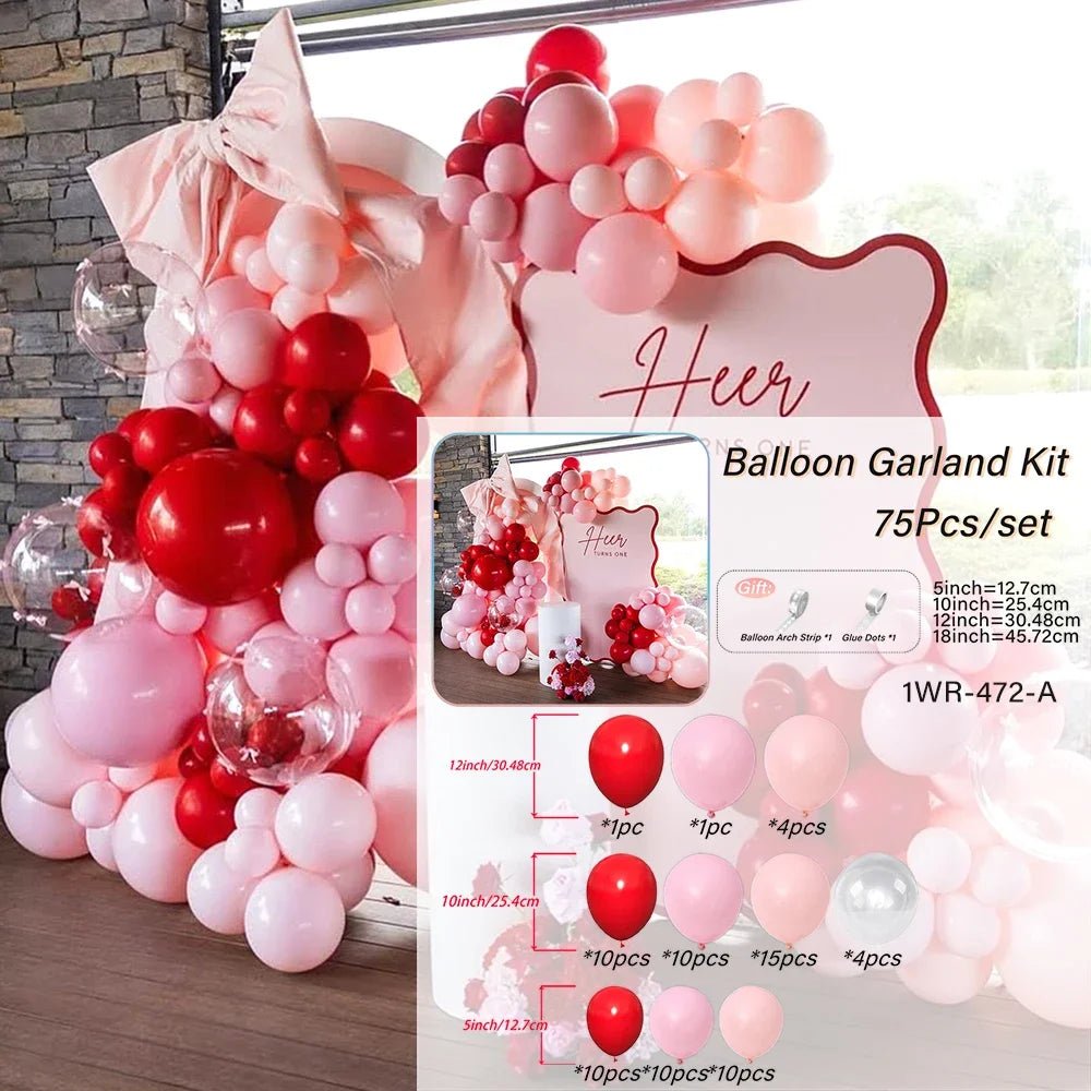 Kit d'arc de ballons du jour de Léon, rouge et rose, décoration pour fête préChristophe, anniversaire, mariage, nouvel an, sexe, 75 pièces