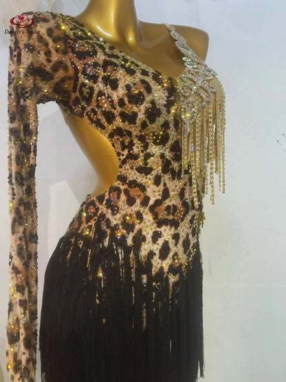 Robe de danse latine haut de gamme, personnalisée, coupe ajustée, imprimé léopard, jupe à franges noire, Samba Tango, costume de scène pour femmes adultes