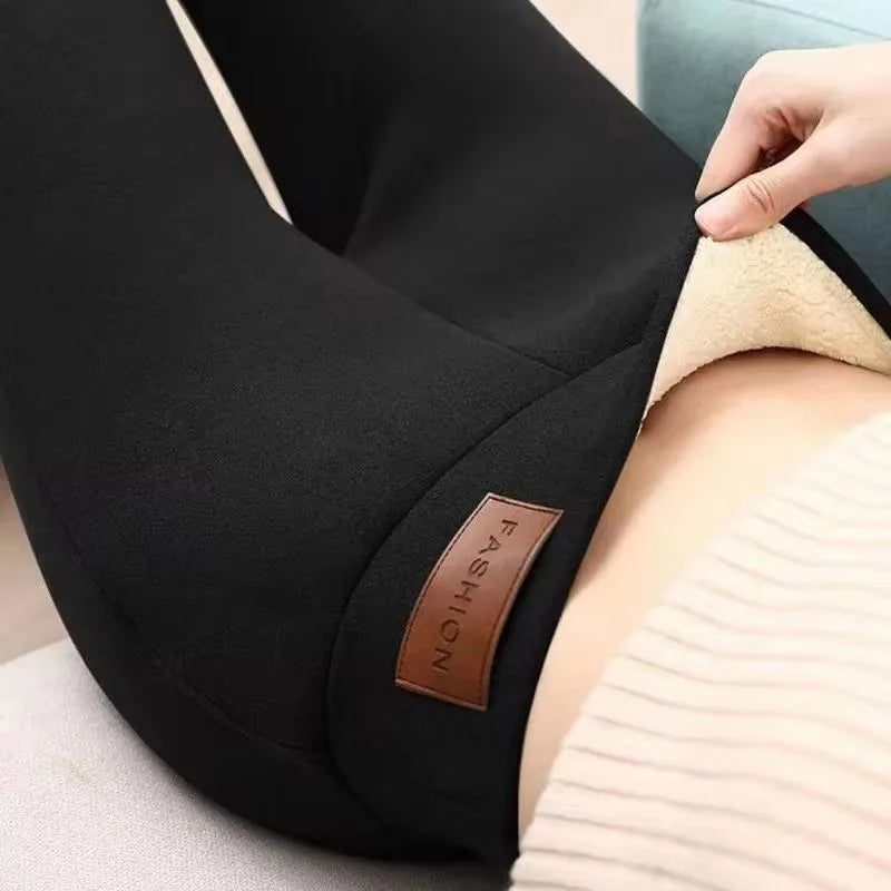 Leggings d'hiver épais pour femmes, doublés polaire chaude, pantalon thermique simple et tendance, leggings noirs amincissants, taille haute élastique, couleur unie
