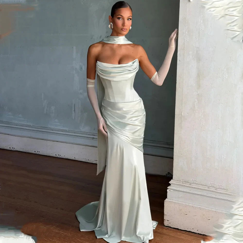 Robe de mariée fourreau en satin sans bretelles à plis simples avec longue écharpe, robe de mariée sur mesure 2025, Vestido De Noiva