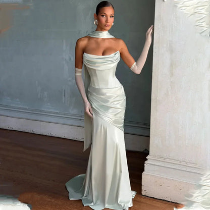Robe de mariée fourreau en satin sans bretelles à plis simples avec longue écharpe, robe de mariée sur mesure 2025, Vestido De Noiva