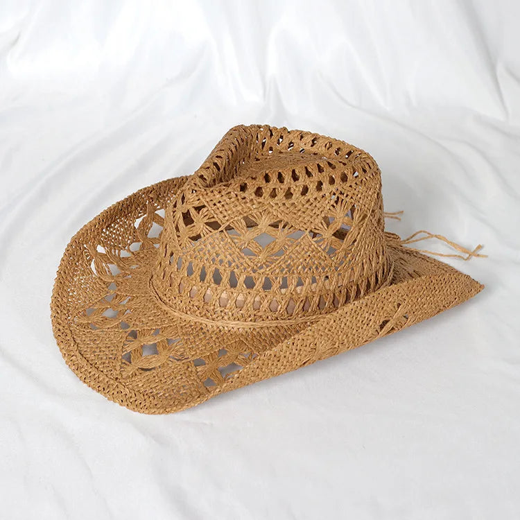 Chapeau de paille de cowboy vert matcha, tissé à la main, creux, pour hommes et femmes, chapeau de soleil d'été, chapeau de paille de cowboy occidental