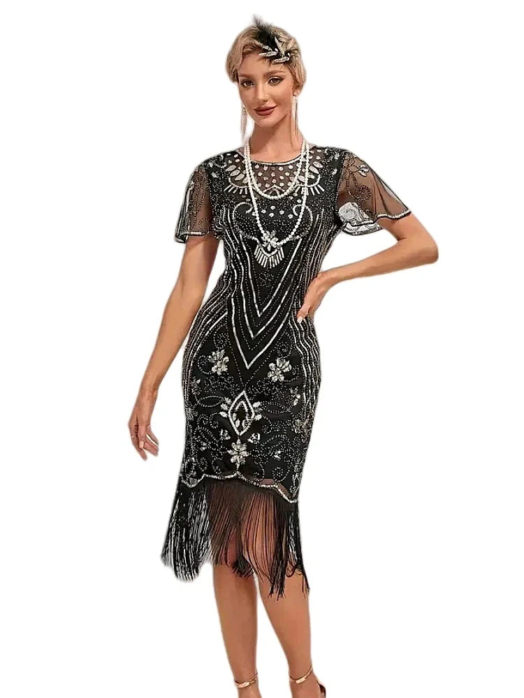 Flapper Dresses 1920s Gatsby Roaring 20s Sequin Beaded Fringe Dress Crew Neck See-through Themed Party Club Dress