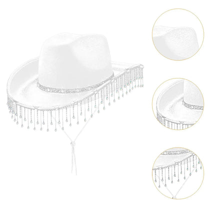 Chapeau de cowboy à large bord avec franges en strass pour femme, accessoire de fête, de cosplay, pour les fêtes, les spectacles en plein air