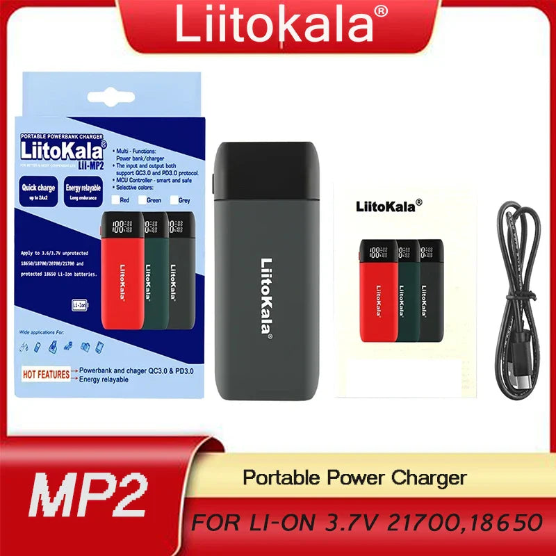 LiitoKala Lii-MP2 Portable Power Battery Charger LCD USB Type-C Input for 18700 20700 21700 18650 Batteries
