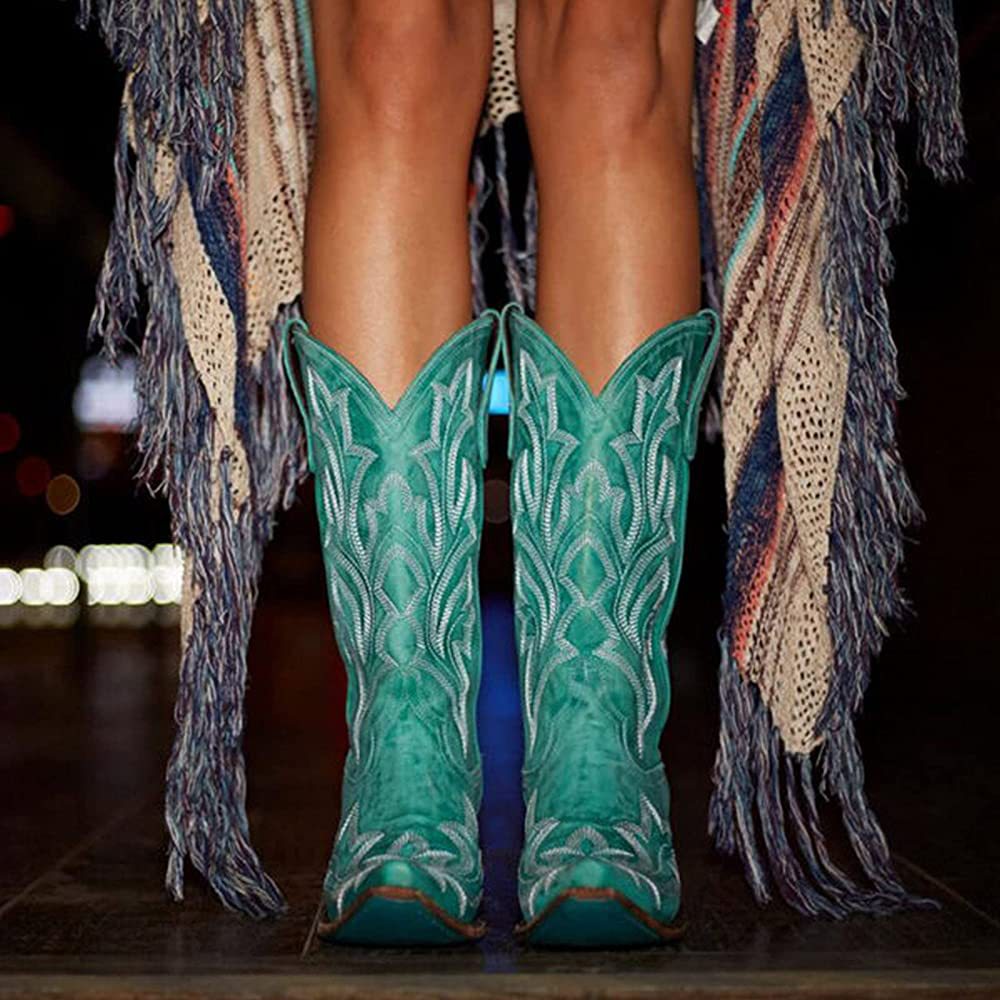 Embroidery Cowboy Boots For Women Knee High Med Calf Vintage Western Cowgirl Boots Women Heeled Casual Shoes Autumn Block Heel