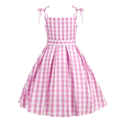 Costume de Cowgirl Robe de Fille Princesse Cosplay Costume Rose à Carreaux Tenue de Plage Anniversaire Halloween Fête Robe pour Enfants