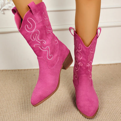 Embroidered Western Cowboy Boots for Women Autumn Pointed Toe Thick Heel High Knee Boots Woman Loose PU Leather Long Botas Mujer