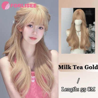 Pink Blonde Highlights Long Wavy Wig Synthetic Colorful Lolita Cosplay Hair Wigs with Bangs for Women Heat Resistant Daily Use