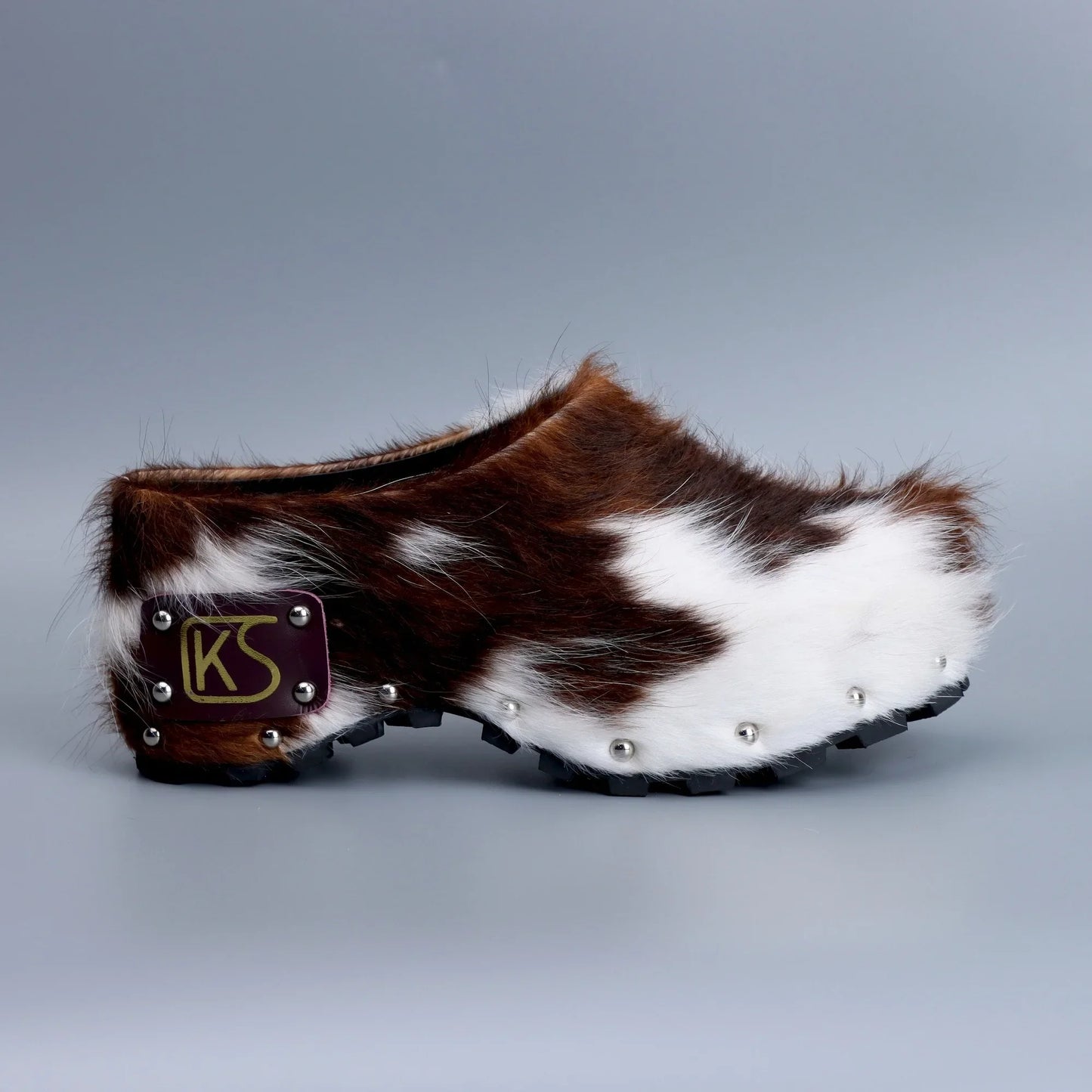 Luxury Handmade Women's Platform Fur Clogs,Studded Mules with Arch Support,Natural Calf Hair,Leather-Lined Vintage Cowboy Style