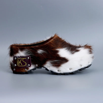 Luxury Handmade Women's Platform Fur Clogs,Studded Mules with Arch Support,Natural Calf Hair,Leather-Lined Vintage Cowboy Style