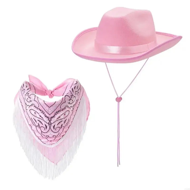 Roleplay Cowboy Hat for Female WesternStyle Hat Headscarf Bachelorettes Party Costume Travel Cowgirl Hat Bandanas 2PCS
