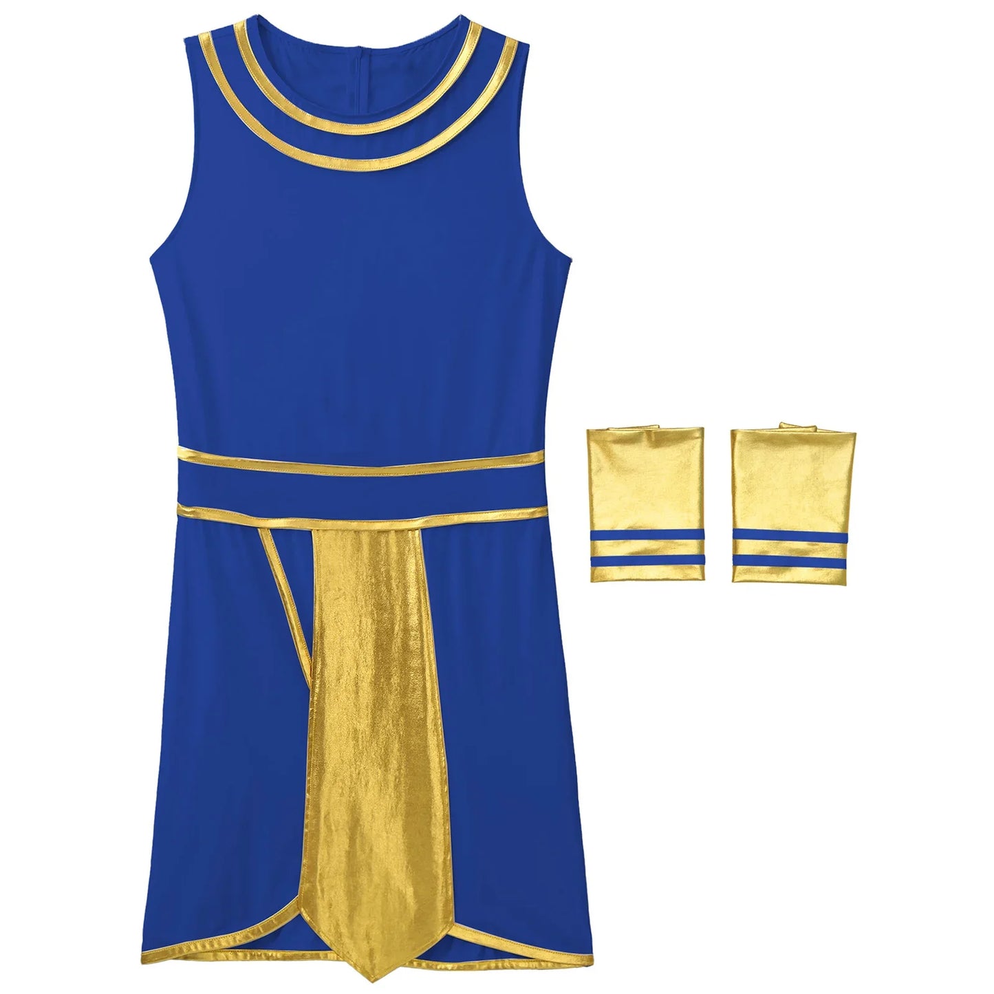 Mens Ancient Egypt Costume Adults Halloween Masquerade Cosplay Carnival Party Dress Sleeveless Themed Roleplay Dress with Cuffs