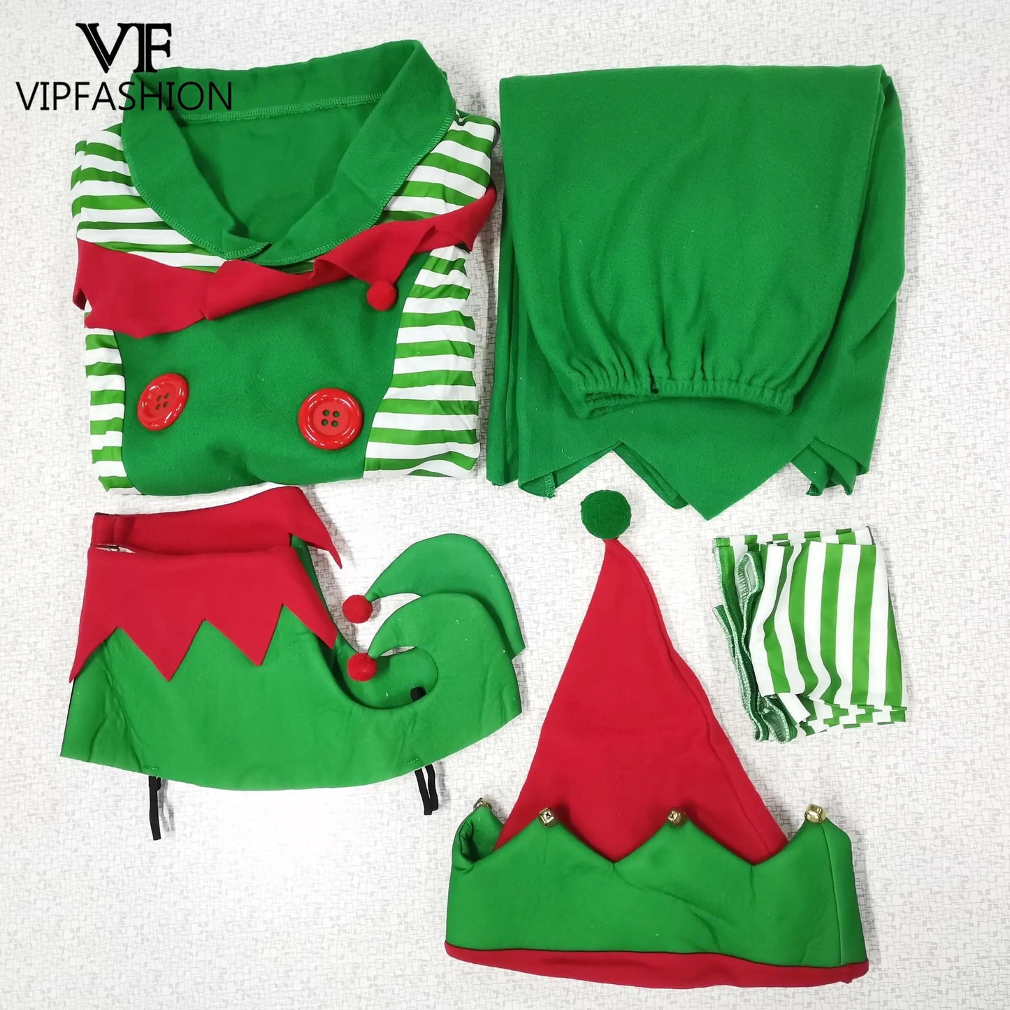 VIP FASHION Men Christmas Elf Costume with Hat Stockings Shoe Covers Belt Fancy Xmas Party Dress Up Outfit Male Festival Clothes