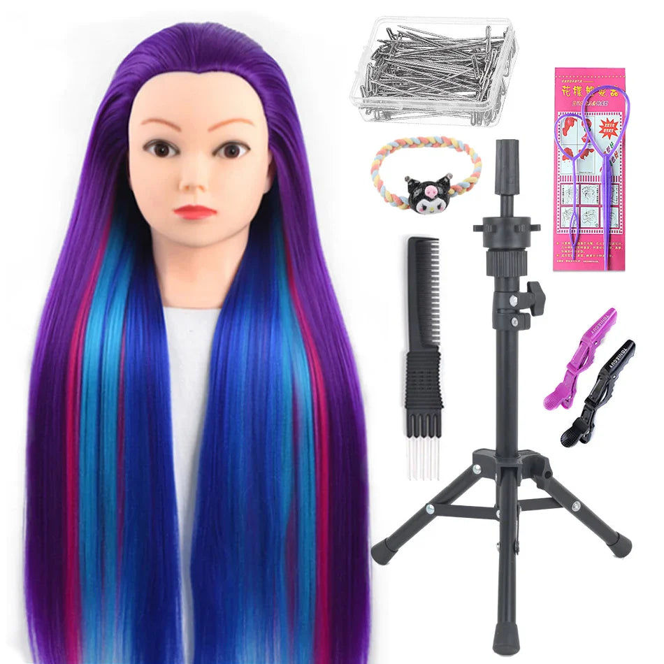 Tête de mannequin à cheveux longs synthétiques avec support de trépied de perruque réglable Modèle avec tête de mannequin Formation de coiffeur coiffant