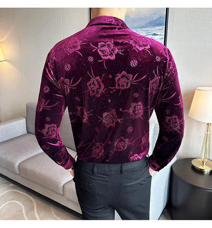 Men's Long Sleeve Velvet Flower Shirt New Luxury Printed Business Casual  Dress Shirts Formal Social Party Turn Down Collar Tops