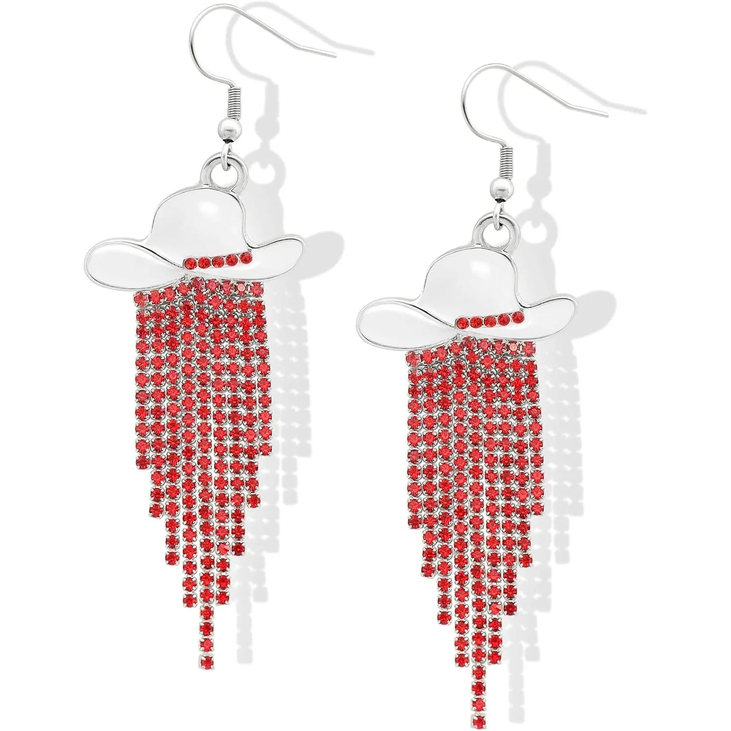 Boucles d'oreilles pendantes de cowgirl de l'Ouest, Chapeau en émail, Pendentif à pompon strass scintillant, Bijoux pour femmes pour bal, concerts country, rodéo, cow-boy