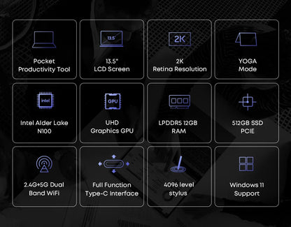 PC portable tablette 2-en-1 CHUWI FreeBook 512 Go SSD 16 Go LPDDR5 Intel N150 Écran IPS FHD 13,5" WIFI 6 BT5.2 Windows 11