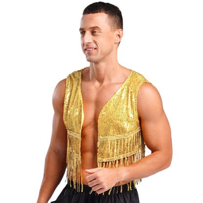 Mens Cowboy Western Costume Shiny Vintage 70s Disco Costumes Fringe Sequin Waistcoat Sleeveless Open Front Cropped Vest Cardigan