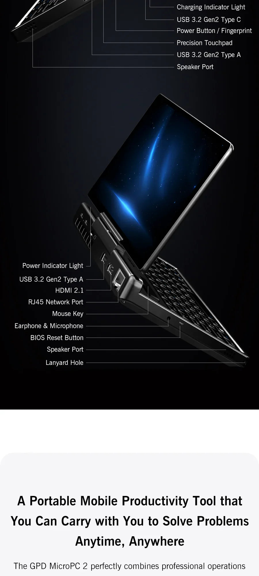 Nouvel ordinateur portable 7 pouces GPD MicroPC 2 Intel® Core™ i3-N300 16GB/512GB Portable Ordinateur Portable Windows 11