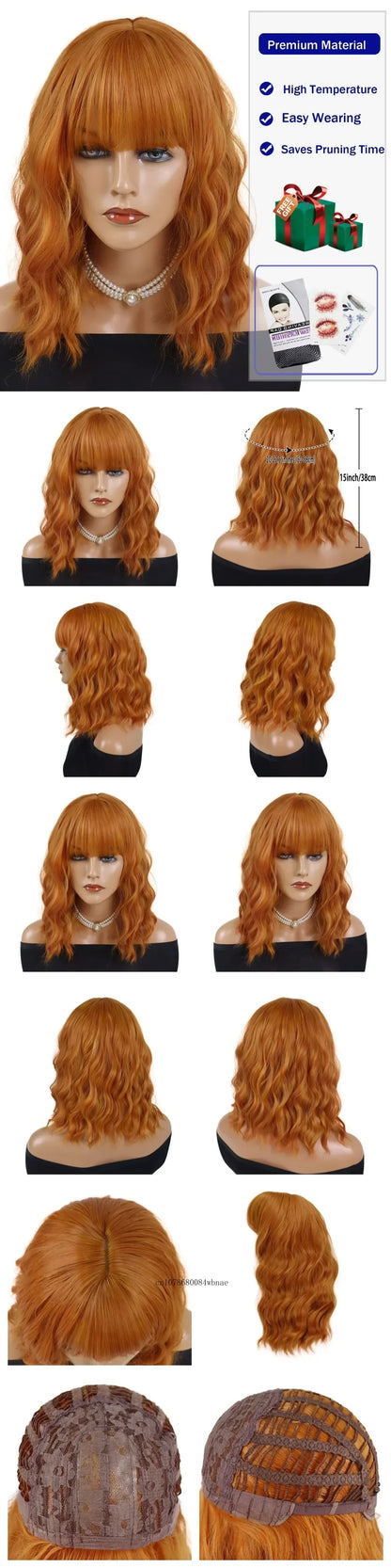 Synthetic Hair Blonde Short Curly Bob Wigs with Bangs Yellow Lolita Cosplay Wig for Women Daily Party Cosplay Heat Resistant