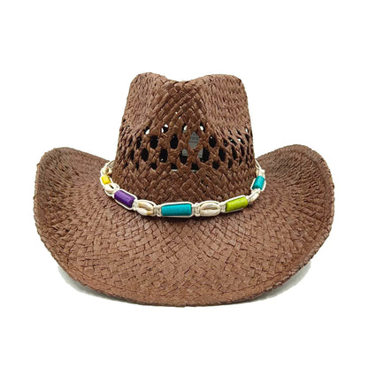 Chapeau de paille de cowboy vert matcha, tissé à la main, creux, pour hommes et femmes, chapeau de soleil d'été, chapeau de paille de cowboy occidental