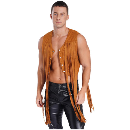 Gilet de costume de cosplay cow-boy occidental pour hommes, gilet hippie disco années 60, en faux daim, avec pompons, cardigan pour fête costumée d'Halloween ou de carnaval