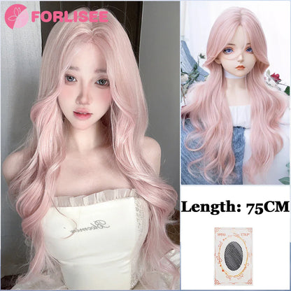 Pink Blonde Highlights Long Wavy Wig Synthetic Colorful Lolita Cosplay Hair Wigs with Bangs for Women Heat Resistant Daily Use