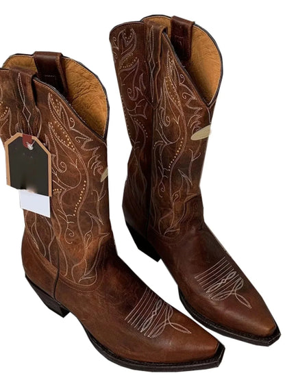 Women's boots genuine leather embroidery knee-length western cowboy boots high heels retro all-match knight fashion boots