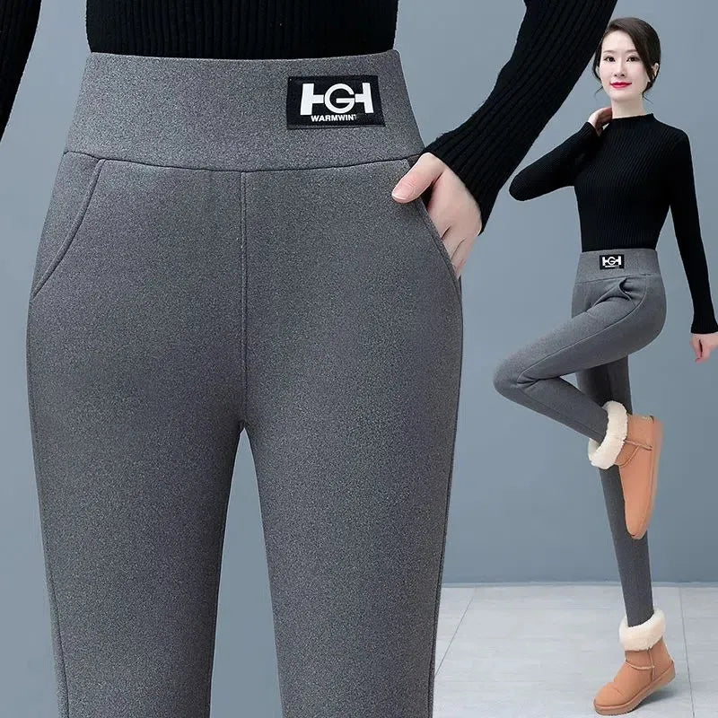 Leggings en laine d'agneau femmes taille haute Leggings chauds en plein air marche pantalons décontractés extensible maigre avec poche Leggings élégants