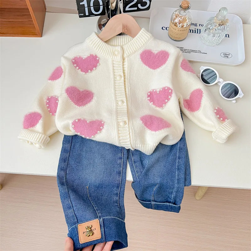 Children's Pink Heart Pearl Color Matching Knitted Cute Casual Sweater Cardigan Girl Spring and Autumn Jacket