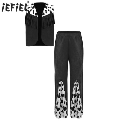 Enfants enfant Halloween Western Cowboy Cowgirl Cosplay Costume imprimé vache gilet à pampilles et ensemble de pantalon évasé Carnaval fête habiller
