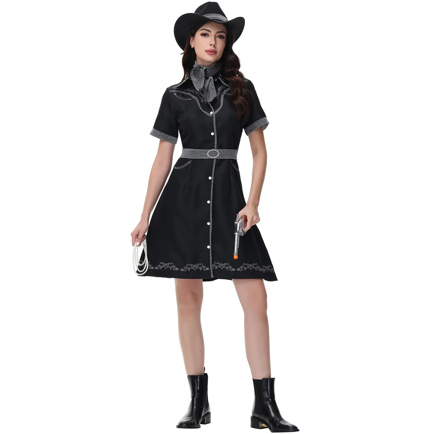 Costume de Cosplay de Cowgirl d'halloween pour femmes adultes, ensemble de robe fantaisie de fête de carnaval, Costume occidental noir pour spectacle sur scène