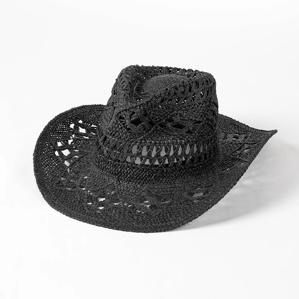 Chapeau de paille de cowboy vert matcha, tissé à la main, creux, pour hommes et femmes, chapeau de soleil d'été, chapeau de paille de cowboy occidental