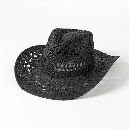 Chapeau de paille de cowboy vert matcha, tissé à la main, creux, pour hommes et femmes, chapeau de soleil d'été, chapeau de paille de cowboy occidental