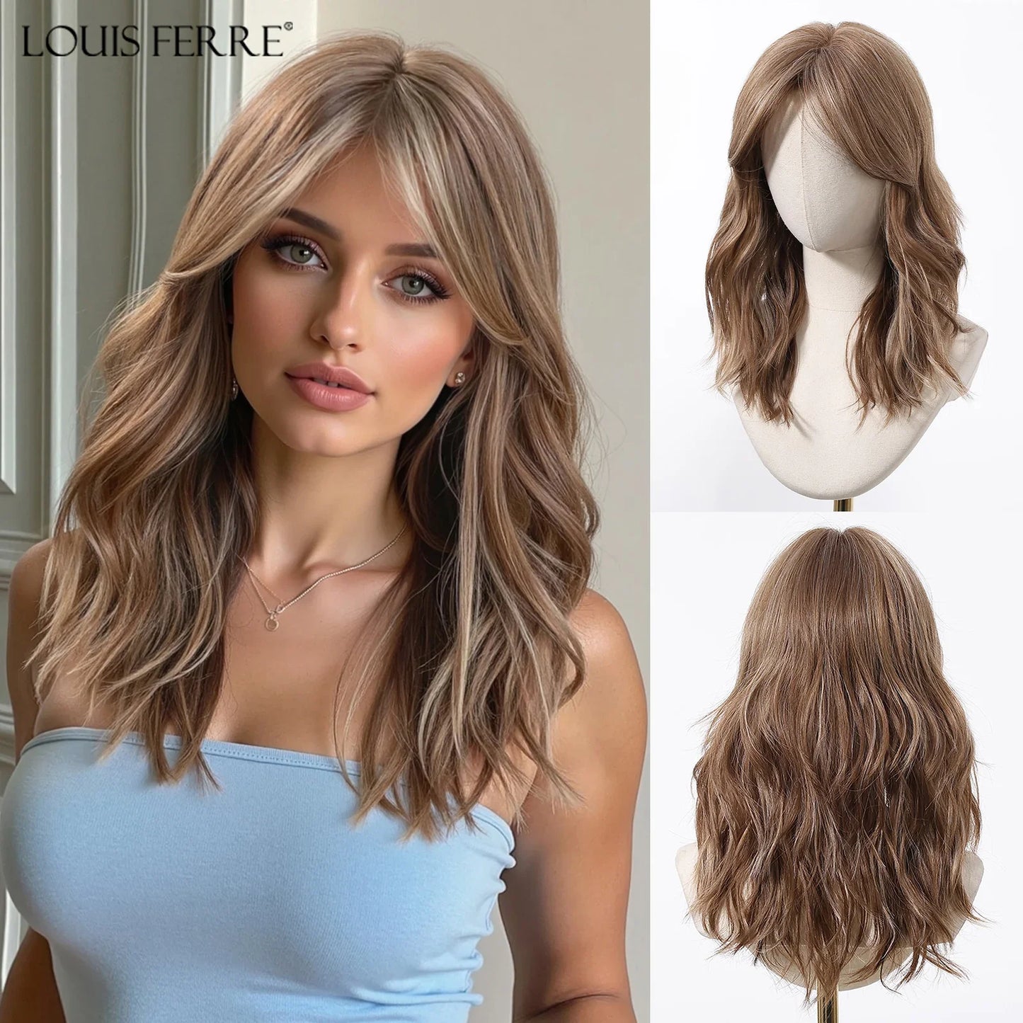 Brown Blonde Ombre Synthetic Wigs for Women Medium Length Wavy Layered Wigs With Side Bangs Daily Party Heat Resistant Fake Hair