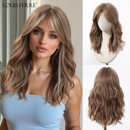 Brown Blonde Ombre Synthetic Wigs for Women Medium Length Wavy Layered Wigs With Side Bangs Daily Party Heat Resistant Fake Hair
