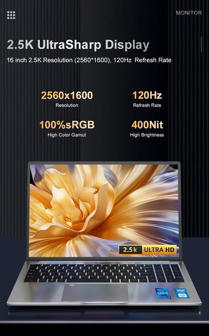 Laptop 16 inch 2.5K 120Hz Intel Core i7-13620H WiFi 6 32GB RAM 1TB SSD Laptop Windows 11 pro Notebook Office Computer